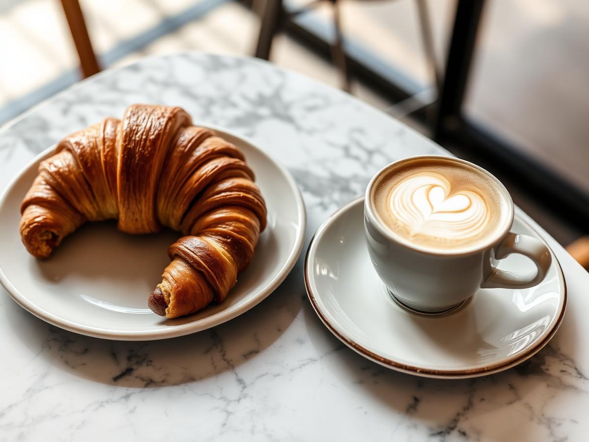 Flat white and a croissant on a marble table at The Reserve Social