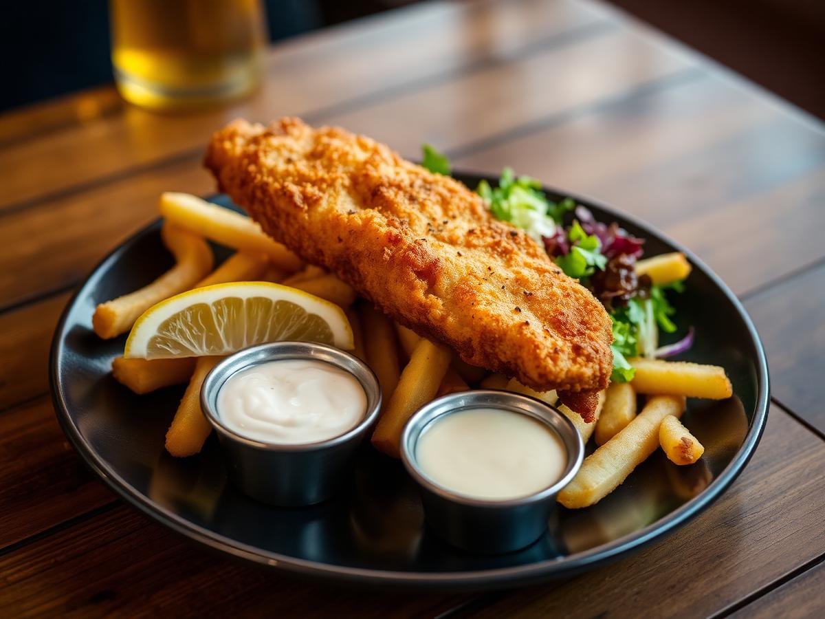 Battered fish with chips, lemon and tartare sauce