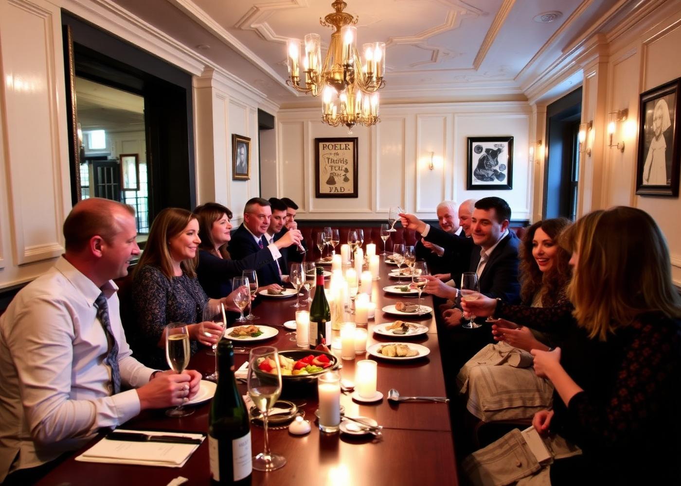 Guests toasting at a long candlelit table during a function